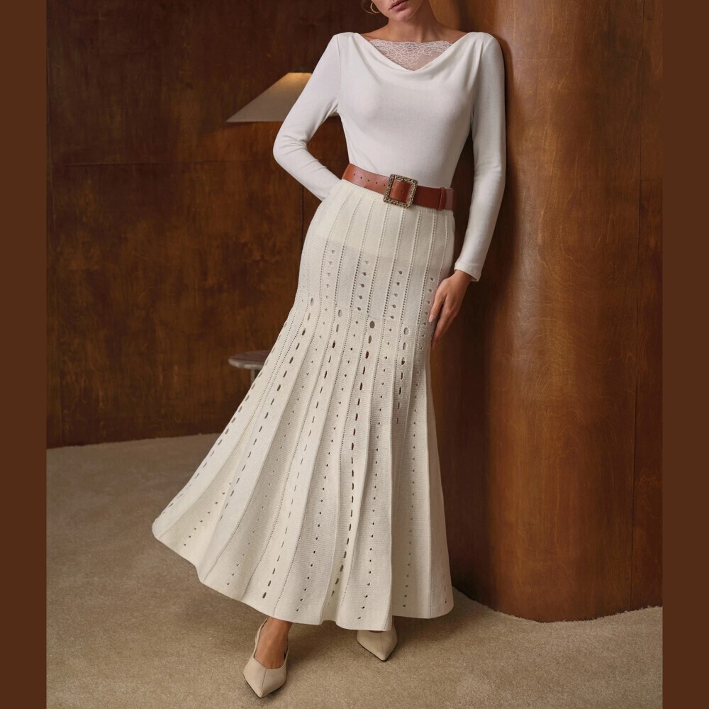 Cream Pointelle Knit Flared A-Line Maxi Skirt with Eyelet Stripes - Picture 2 of 8